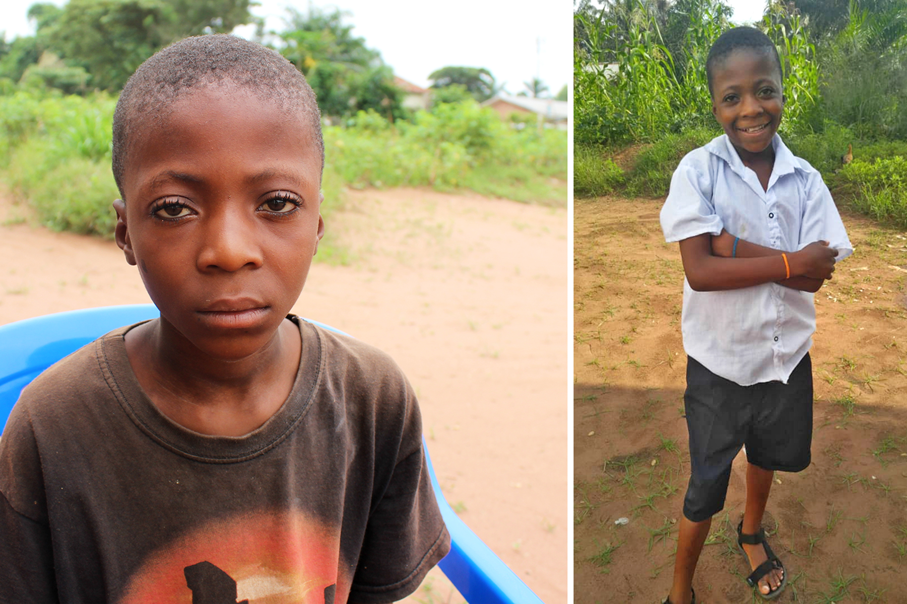 « Je suis tout seul ici, » disait Kanku Ngalamulume il y a huit mois. Après avoir reçu une alimentation régulière, des fournitures scolaires et avoir été accueilli dans une famille, il a retrouvé le sourire. Photos du MCC/Mulanda Juma et Matthieu Abwe Luhanglea.